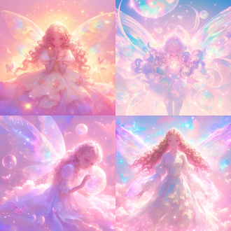 a magical dreamscape with soft pink gradient background, millions of twinkling starlights and swirling galaxy dust, 8-year-old fairy girl wearing exquisite white lace princess dress with intricate embroidery and puffy sleeves, long curly hair flowing dynamically in the air with prismatic rainbow glow, iridescent hair strands emitting pastel light particles, delicate fairy wings shimmering with golden glitter, joyful expression with sparkling eyes and rosy cheeks, surrounded by floating crystal orbs and glowing butterflies, soft bokeh effects and cinematic lighting, ultra-detailed 8k resolution, fantasy illustration style trending on artstation, ethereal atmosphere, unreal engine rendering