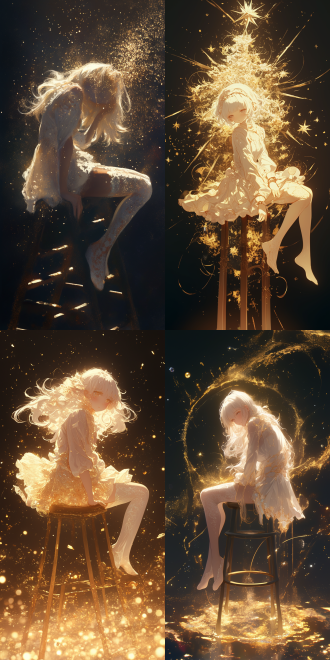 黑背景闪星下女孩坐高脚凳仰头，白发散金粉，着白蕾丝长袜等，慵懒随意，对角线构图，暖光，长焦，情绪肖像，眼神捕捉