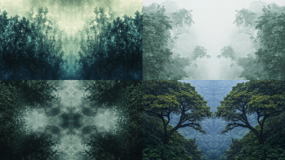 茂密森林云雾缭绕，对称布局，低饱和度，森林中，长焦镜头，逆光，静态，树木云雾，神秘。