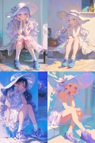 gradient lavender curls with pearl hairpin 蕾丝修身连衣裙 蓝色运动鞋 大草帽 单手托腮慵懒坐在长凳上 背景是白色的院墙 明亮活泼色系