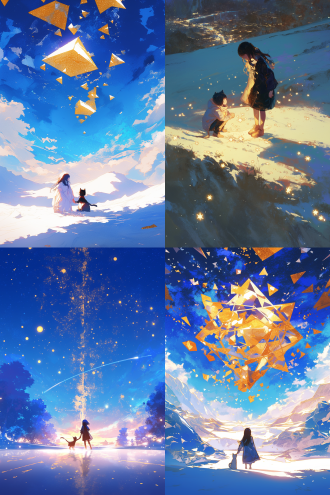 白色的砂砾上 闪闪发光 女孩和小猫手拉手的站在 画面中央 女孩低头看着小猫 深蓝色的天空背景中散落着金色的发光五角形星星