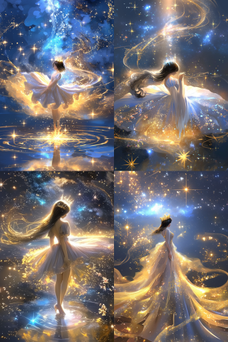 白雪公主戴水晶冠着粉裙立宇宙，黑直发飘拂，银星尘环绕，超扁平吉卜力风，后缘光，4k，水粉粉笔画风，30%强度电影光晕。