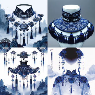 中式带流苏刺绣衣领对称构图，蓝紫色调，白色背景无头像，设计稿形式，中心构图，平光，高饱和度，简洁，平静。 纱绸 霓虹