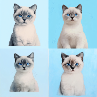 英短猫，正面坐姿，毛发蓬松，蓝色眼睛，柔和光线，室内，中焦镜头，纯色背景，平静，冷色调，可爱。 水墨