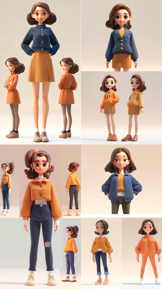 一个可爱的女孩，看着镜头，站得自然饱满，穿深蓝色职业装的电力客服人员。高端自然配色，明亮和谐，可爱多彩，光线追踪，设计简洁，人物设计细节，有趣的人物设计，c4d风格，卡通写实，4k展示，背景为白色