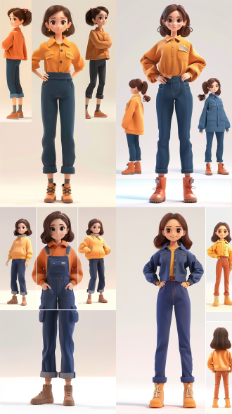 一个可爱的女孩，看着镜头，站得自然饱满，穿深蓝色工作装的电力客服人员。高端自然配色，明亮和谐，光线追踪，设计简洁，人物设计细节，有趣的人物设计，c4d风格，卡通写实，4k展示，背景为白色