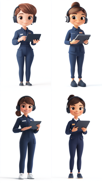 “做生成3d卡通人物，女生，穿深蓝色电里客服人员工作服，白色背景，全身，站立自信，面带温暖笑容，手持平板电脑或耳机，柔和光照与明快色彩，皮克斯风格角色设计，圆润可爱的面部特征，略带夸张的卡通比例，置身于干净的现代科技主题环境，数字艺术，8k分辨率，充满活力与专业感的氛围。"