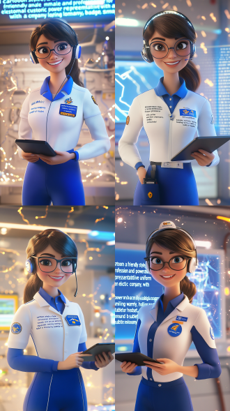 "3d cartoon style, a friendly and professional female/male customer service representative for an electric power company, wearing a clean blue and white uniform with a company logo badge, smiling warmly, holding a tablet or headset, surrounded by subtle electric sparks and circuit patterns in the background, soft lighting, bright colors, pixar-style character design, round and approachable facial features, slightly exaggerated cartoon proportions, clean modern tech-themed environment, digital art, 8k resolution, vibrant and professional atmosphere."