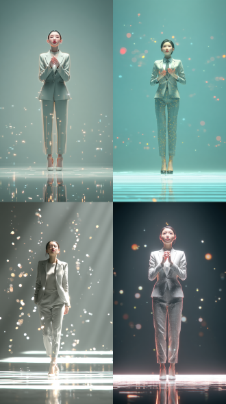 现代简约的虚拟舞台场景，高挑我的亚洲女性数字人全身展示，穿着浅灰色职业西装套裙做出演讲手势，嘴唇精准同步演讲内容，超现实的3d渲染风格展现数字皮肤光泽和发丝动态，背景漂浮着发光的数据流粒子，专业严肃中带有科技未来感，8k分辨率配合动态光影变化，肢体动作自然流畅不僵硬