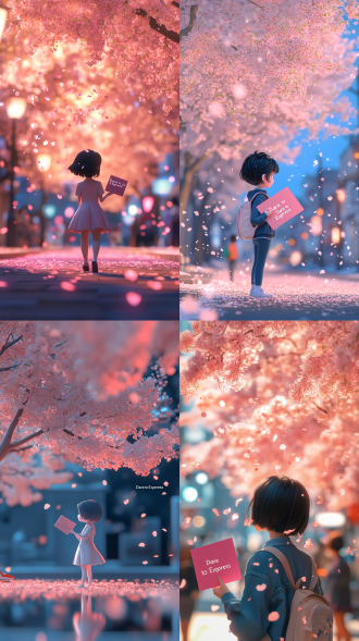 q版3d数字人手持粉色信封走向心动对象，樱花树下飘落的花瓣粒子效果，日式校园场景建模，三渲二动画风格，侧45度镜头，柔光滤镜，背景虚化，"勇敢表达"气泡对话框