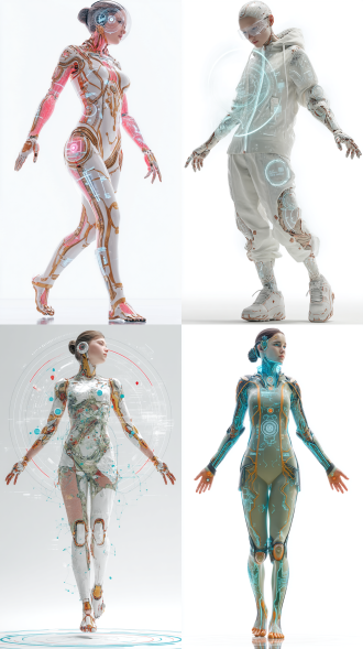 3d数字人物，全身展示，纯白背景，超写实风格，对称脸部，细腻皮肤纹理，解剖学精准比例，自然站姿（双臂微张），影棚灯光，电影级渲染，8k分辨率，虚幻引擎5风格，赛博朋克3d虚拟人，皮肤发光电路纹路，仿生机械肢体，漂浮的全息界面元素，霓虹蓝光点缀，纯白未来感背景