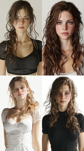 d超写实女性数字人，全身展示，纯白背景，完美比例身材，细腻皮肤纹理（带毛孔和皮下散射效果），自然微卷长发，对称精致五官，中性表情，双手自然下垂，轻微动态姿势，影视级光照，8k渲染，虚幻引擎5质感