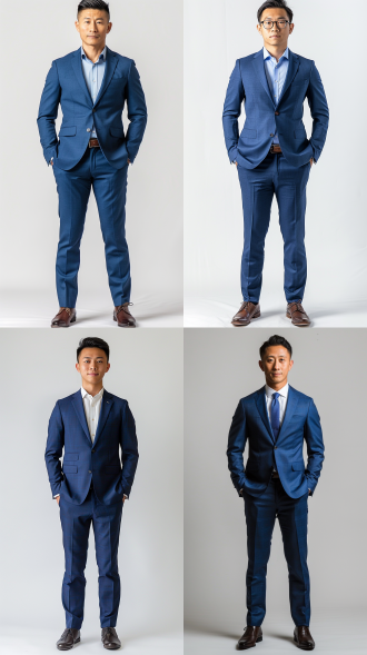 一张亚裔商务人员的全身照片，穿着蓝色职业装，站姿笔直，站在纯白色背景前，柔和阴影，真实光线，高细节，专业摄影，8k分辨率