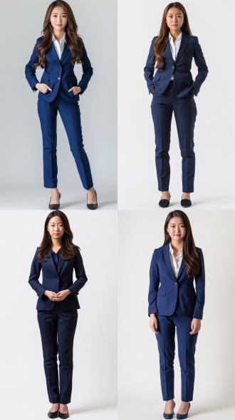 一张亚裔女性商务人员的全身照片，穿着蓝色职业装，站姿笔直，站在纯白色背景前，柔和阴影，真实光线，高细节，专业摄影，8k分辨率