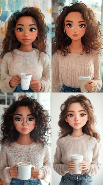 q版个人卡通肖像，2.5头身萌系比例，根据我的照片特征设计圆脸/单眼皮/自然卷等），穿着如宽松毛衣+牛仔裤]，手持咖啡杯，背景采用几何抽象风格，nici玩具的柔软材质质感，眼睛占面部40%带星形高光，800%放大眼+兽耳，腮红采用色块渲染技法，三视图可选，3d渲染转手绘风格，