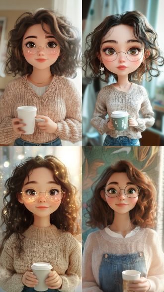 q版个人卡通肖像，2.5头身萌系比例，根据我的照片特征设计圆脸，单眼皮/慵懒卷，穿着如宽松毛衣+牛仔裤，手持咖啡杯，背景采用几何抽象风格，nici玩具的柔软材质质感，眼睛占面部40%带星形高光，800%放大眼+兽耳，腮红采用色块渲染技法，三视图可选，3d渲染转手绘风格，