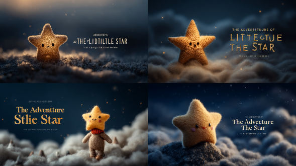 画面：夜空中，一颗金色的小星星（闪闪）眨着眼睛，周围是柔和的星光和朦胧的云朵。 文字： 书名：《小星星的冒险》 副标题：一颗勇敢的小星星的故事