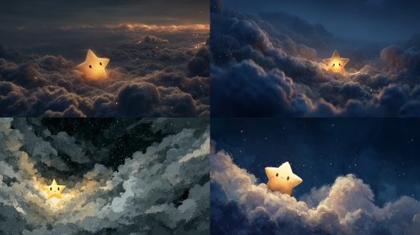 画面：夜空中，一颗金色的小星星（闪闪）眨着眼睛，周围是柔和的星光和朦胧的云朵。