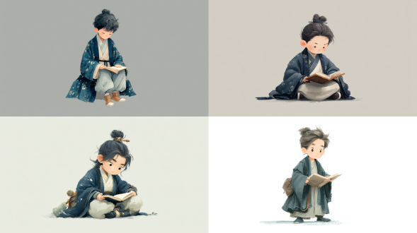 一个男生穿黛蓝与月白色长袍，专注阅读，古风，动画gif格式，小幅跳跃动作，传统服饰，动画角色设计，中国画风格，浅灰色调，可爱兼具端庄魅力，古典风格，极简主义 ，