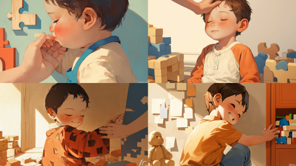 妈妈的手轻轻按住小男孩肩膀