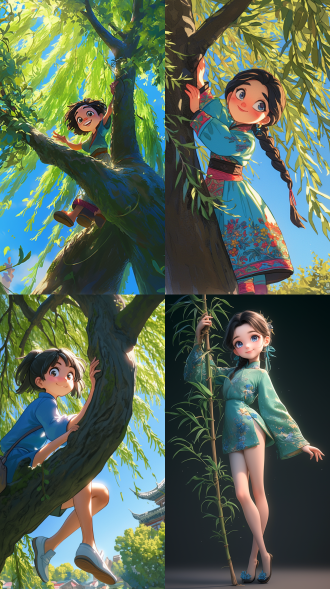 主体：圆脸黑发女孩，蓝色短唐装，浅蓝布鞋 场景：高大柳树，翠绿树干，枝条向上生长 行为：女孩踮脚仰头，伸手触碰枝条 风格：中国古代卡通，明亮的色彩，3d皮克斯风格 质量：8k分辨率，超清细节