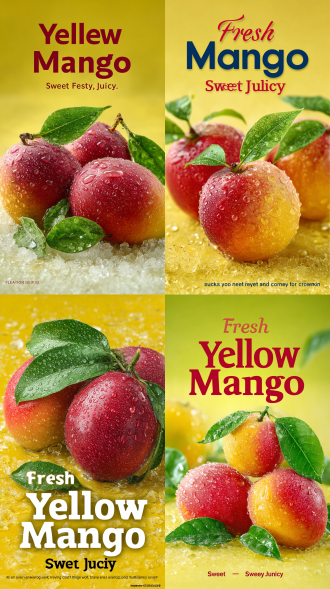 海报设计，主标题“新鲜黄色芒果”，副标题“香甜多汁”，三个黄红色渐变半透明芒果水果，带水珠，果冻质感，带绿叶，新鲜，透光，晶莹剔透，背景黄色雪地，冒冰雾，特写摄影