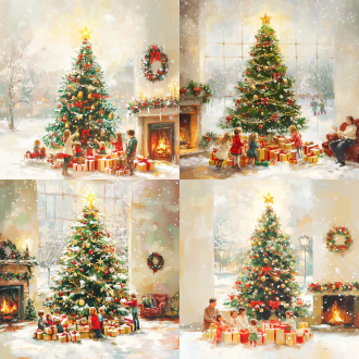 以西方欧洲圣诞节为主题，设计一个温馨热闹的家庭油画场景，充满浓厚的节日氛围。一棵高大、繁茂的圣诞树矗立在房间中央，树上挂满闪烁的彩灯、金色铃铛、红丝带、星星装饰以及色彩鲜艳的礼物盒，树顶放置一颗明亮的金色星星。圣诞树下堆满包装精美的礼物盒，孩子们正围绕圣诞树挑选礼物，兴奋地交谈，脸上洋溢着天真喜悦的表情。 场景中家庭成员互动自然，父母正微笑着看着孩子们，手中可能拿着热饮或点心；祖父母坐在沙发上，慈爱地注视着这一切，营造出代际间温馨和睦的画面。背景设计充满节日细节，墙壁上挂着装饰精美的圣诞花环，房间内点燃着蜡烛，散发出柔和温暖的光芒。壁炉正燃着熊熊的火焰，火光映衬着整个房间，增添了舒适感。 窗外是冬季雪景，雪花轻轻飘落，窗台上覆盖着一层薄薄的积雪。远处隐约可见被雪覆盖的街道、路灯，以及几个身影在愉快地歌唱或溜冰。房间内色彩丰富，红、绿、金和白是主色调，鲜艳却不失和谐。整体画风偏向欧洲传统油画风格，笔触细腻，光影柔和，细节丰富，突出圣诞节的欢乐与家庭的温暖。 整个设计氛围热闹、温馨且充满情感张力，适合用作高端节日贺卡或艺术画作。强调人物之间的互动和自然情感，充分展现欧洲圣诞节的文化特征及其特有的欢乐氛围。 荷花 全景长卷轴