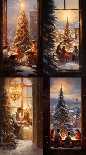西方欧洲圣诞节家庭场景，中央圣诞树，家人互动，雪景窗外，暖色调为主，传统油画风格，细腻笔触，温馨氛围。 荷花 全景长卷轴