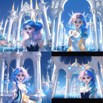 鱼眼镜头效果，出色构图，设定是亚特兰蒂斯宫殿的水池为背景，公主在水池中嬉戏，露出开心的笑容，公主可以使用水魔法，背景风格为迷人的海洋场景，浪漫主义，动作姿势生动，带有幻想元素，非常清晰的画面，细节丰富