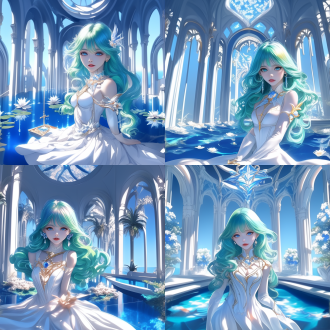 公主在亚特兰蒂斯宫殿水池中嬉戏，鱼眼镜头效果，出色构图，海洋背景迷人，浪漫风格，笑容开心，姿势生动，多彩，清晰，细节丰富，octanerender。