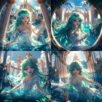 甜美公主在亚特兰蒂斯宫殿水池嬉戏，鱼眼镜头，三分法构图，海洋背景，浪漫风格，笑容灿烂，姿势灵动，多彩清晰，细节丰富，侧光，octanerender。