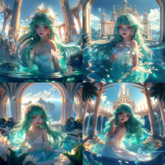 甜美公主在亚特兰蒂斯宫殿水池嬉戏，中心构图，海洋背景，鱼眼镜头，浪漫风格，笑容灿烂，姿势灵动，多彩清晰，细节丰富，侧光，octanerender。