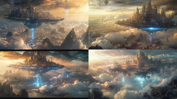 "末日世界，空中之城悬浮云端，蒸汽朋克风格，钢铁与玻璃结构闪耀微光，城市底部喷射蓝色离子火焰，地面废墟荒芜，怪物黑影穿梭，远山燃烧，冷色调与金色暖光对比，超广角镜头，低角度仰拍，动态模糊，科技感强烈，希望与危机并存，史诗氛围。"