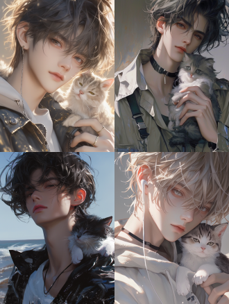 a cool boy holding a cute cat, advertising poster, anime aesthetic style,fine hair details, meticulous details, charming character illustrations, surrealism.dreamlike realism.detailed realism, detail of face,high resolution