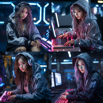 一个18岁的韩国女孩玩电脑游戏的角色扮演，赛博朋克，电脑，壁纸，发光的电脑键盘，鼠标，模型，摄影