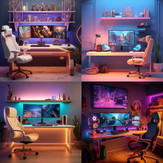 电子竞技游戏桌面，巨大的弯曲显示器和笔记本电脑，面向pc的前面，霓虹灯电脑盒在桌面上，无线耳机架，舒适的浅色，柔和的颜色，游戏椅，有足够的光线在房间里，室内装饰，温暖的金色的感觉，动漫方便，奶油与富有表现的配件，白天，一个纯色的墙，现在的电子设备。装饰的墙，台灯，温暖的照明，书籍，阳光从窗户照进来。自然光，暖色调，阳光明媚，阴影一致，女孩的书桌，数码摄影，超细节等比例，光线好，高细节。