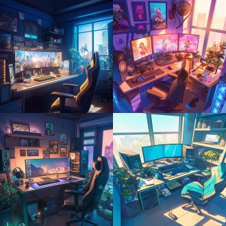 电子竞技游戏桌面，巨大的弯曲显示器和笔记本电脑，面向pc的前面，霓虹灯电脑盒在桌面上，无线耳机架，舒适的浅色，柔和的颜色，游戏椅，有足够的光线在房间里，室内装饰，温暖的金色的感觉，动漫方便，奶油与富有表现的配件，白天，一个纯色的墙，现在的电子设备。装饰的墙，台灯，温暖的照明，书籍，阳光从窗户照进来。自然光，暖色调，阳光明媚，阴影一致，女孩的书桌，数码摄影，超细节等比例，光线好，高细节。