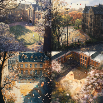 初春大学校园鸟瞰，风筝飞于操场，花瓣雨中舞，楼窗暖光，对角线构图，传统水彩风，侧逆光，长焦，诗意氛围，4k超细节。