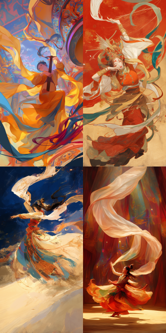 舞女高台舞琵琶纱布遮面，中心构图，敦煌风格，画面丰富，飘逸服饰，艳丽色彩，长焦镜头，顶光，舞动，震撼，优雅。