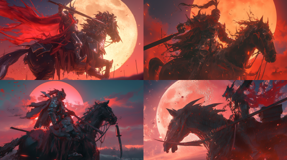 the war in the four horsemen of the apocalypse, wearing red armor, holding a huge machete in his hand, with a huge moon in the background, riding a war horse c4d, oc rendering, 3d, ultra hd16k,