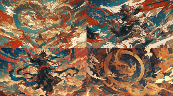 混沌天地，板绘岩彩，线条分明优美，气势宏伟，中国神话，祥云，极致细节，极致清晰，中国线描，橙红色色调，插画风格，敦煌艺术
