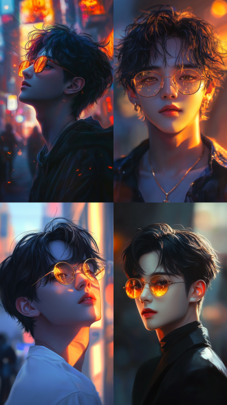 赛博朋克风格，超现实，色彩超梦幻 ，帅气男生，黑色短头发 ，木框眼镜，单眼皮，脸型有点方，笑起来很阳光，开朗，树荫，幻想艺术封面插图，高对比度，广角镜头，远景，侧光，4k超高清，细腻光影