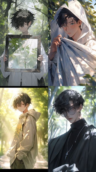 精美插画风，超现实，色彩梦幻 ，帅气男生，黑色短头发 ，木框眼镜，单眼皮，脸型有点方，白色连帽卫衣，笑起来很阳光，开朗，树荫，幻想艺术封面插图，高对比度，广角镜头，远景，侧光，4k超高清，细腻光影