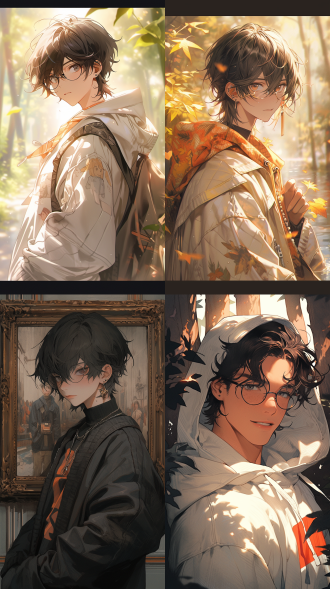 精美插画风，超现实，色彩梦幻 ，帅气男生，黑色短头发 ，木框眼镜，单眼皮，脸型有点方，白色连帽卫衣，笑起来很阳光，开朗，树荫，弗兰克·索恩风格，动漫美学，丰富肖像画，浪漫画人物,幻想艺术封面插图，高对比度，广角镜头，远景，侧光，4k超高清，细腻光影