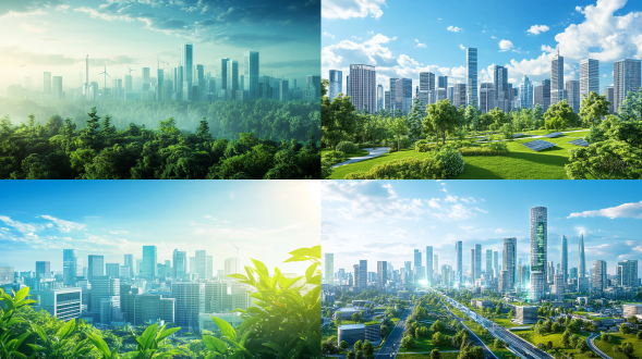 一张城市全景图，有氢能设备，主图是绿色环保。用于宣传册图片，背景简单一些，不用太复杂。