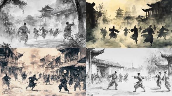 宋代开封城的夜晚。很多路人。一个士兵在快速追赶一位逃犯。横版构图。极高分辨率。水墨画风格。