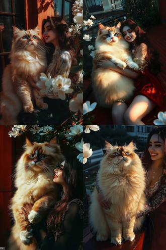 长毛巨橘猫与美少女同处古建屋顶，猫五倍于人，少女衣着华丽环抱猫脚，含笑对视，白木兰点缀，红墙背景，超高清，超现实风格，32k，竖构图。
