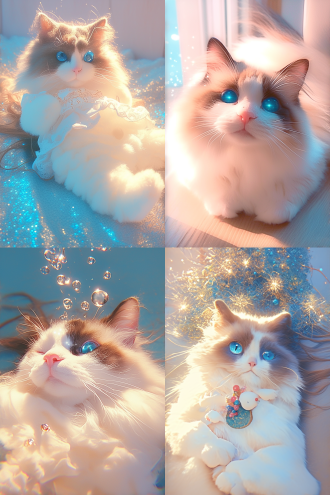 发光布偶猫，居中构图，逆光带光晕，点缀装饰，油画滤镜，pixiv风，笔触细腻，柔和光，奇幻空灵，神圣梦幻，超高清，粉金色调。 油画 通感艺术 动画艺术 镜头光晕 阳光照射 光粒子 闪亮 量子点 弗兰克 彭宁顿 光追反射