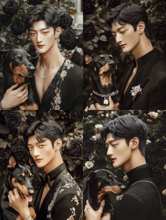 银发少年帅气男性牵杜宾犬，宽肩窄腰，宁静表情，黑色玫瑰花背景，唯美简约，柔和光线，超现实风格，广角镜头，梦幻色彩，星空中，超高清，细节丰富，oc渲染。 极简主义 浮世绘