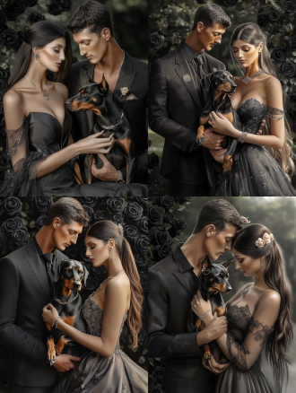 一男一女各牵杜宾犬，全身全景，黑色玫瑰花背景，唯美简约超现实风格，广角镜头，超高清，细节丰富，oc渲染，冷色调，静谧。 极简主义 浮世绘 油画 超现实主义 全身
